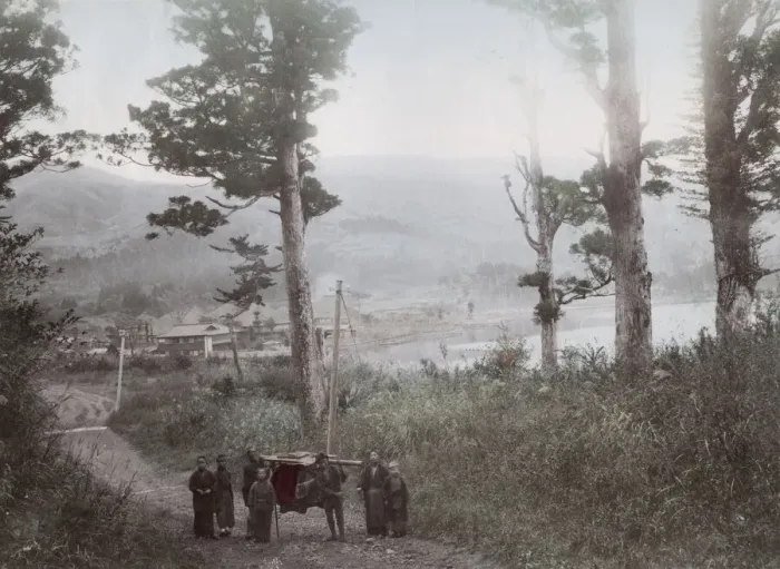 Framed Print : Kago or carrying chair along shore of Hakone Lake, Japan Framed Print : Kago or carrying chair along shore of Hakone Lake, Japan