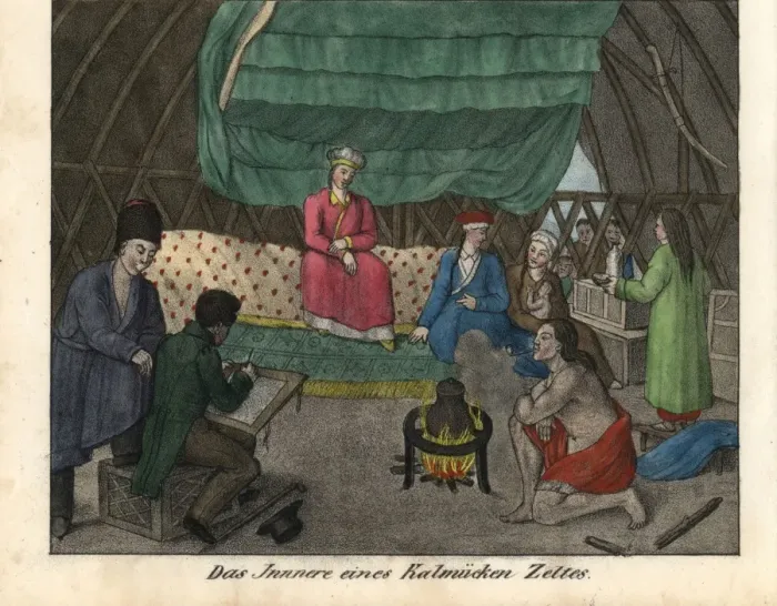 Framed Print : Kalmyk people inside a tent or gher, drinking