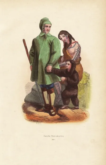 Framed Print : Kamtchadal family with man in hooded coat