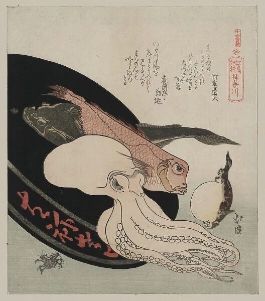 Kanagawa. Print shows several kinds of fish including an octopus in a tray