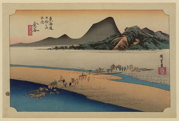 Kanaya. Print shows porters carrying travelers across a river near the