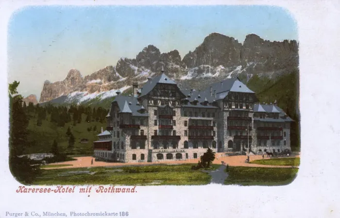 Framed Print : Karersee Hotel and Rotwand, Dolomites, Italy / Austria Framed Print : Karersee Hotel and Rotwand, Dolomites, Italy / Austria
