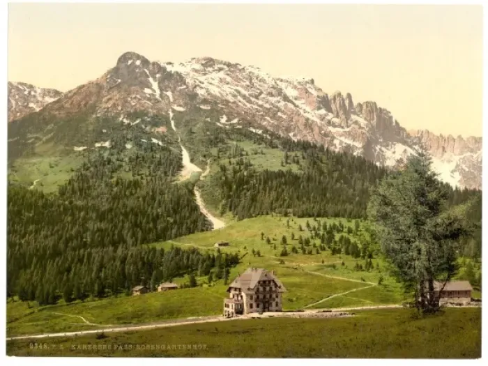 Framed Print : Karersee Pass and Rosengartenhof, Karersee, Tyrol, Austro-Hu Framed Print : Karersee Pass and Rosengartenhof, Karersee, Tyrol, Austro-Hu