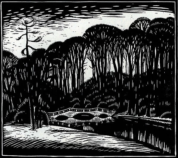 Ken Wood. Artwork of Ken Wood with a bridge spanning a river. Date: circa 1930