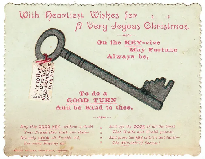 Framed Print : Key with comic verse on a Christmas card Framed Print : Key with comic verse on a Christmas card