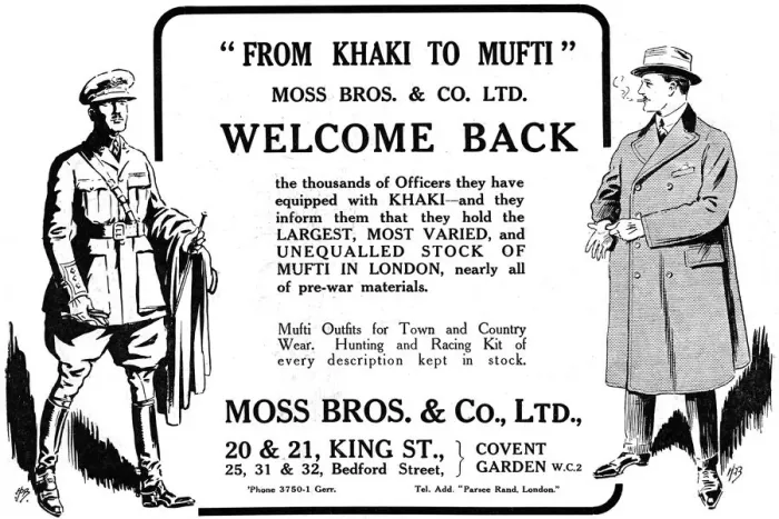 Framed Print : From Khaki to Mufti, Moss Bros advertisement, 1918