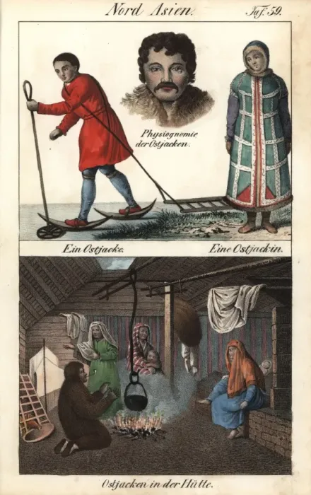 Framed Print : Khanty or Ostyak costumes, and scene in Khanty hut Framed Print : Khanty or Ostyak costumes, and scene in Khanty hut