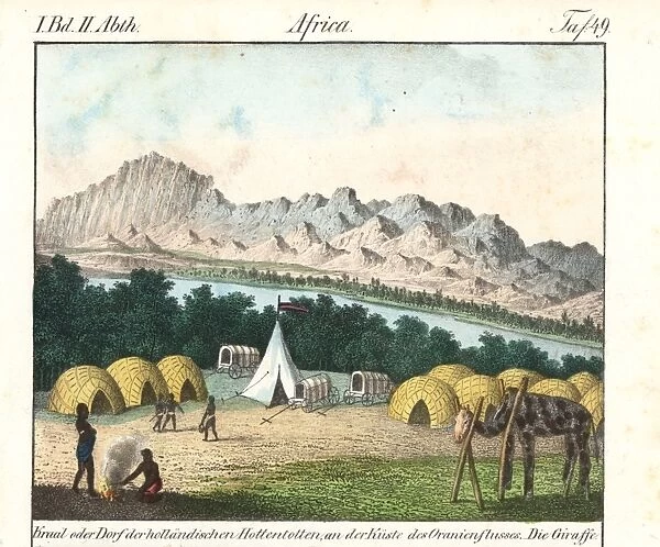 Khoikhoi kraal with huts and wagons at the Orange River