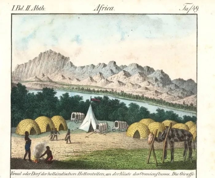 Framed Print : Khoikhoi kraal with huts and wagons at the Orange River Framed Print : Khoikhoi kraal with huts and wagons at the Orange River