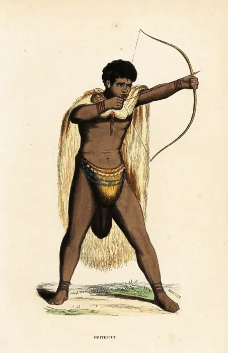 Framed Print : Khoikhoi man in animal skin cape, beaded loincloth, with bow Framed Print : Khoikhoi man in animal skin cape, beaded loincloth, with bow