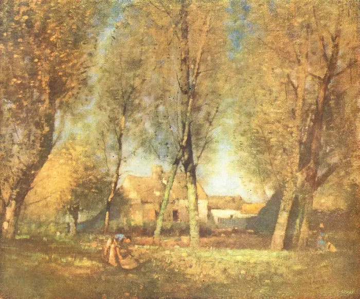 Framed Print : Kindlers. A landscape painting of a woman working in a clearing of a wooded area Framed Print : Kindlers. A landscape painting of a woman working in a clearing of a wooded area