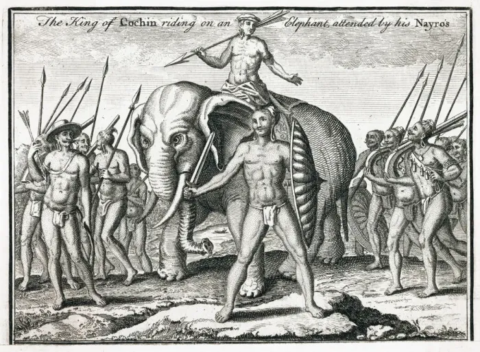 Framed Print : The King of Cochin riding on an elephant, attended by his Nayros Date: 1752 Framed Print : The King of Cochin riding on an elephant, attended by his Nayros Date: 1752