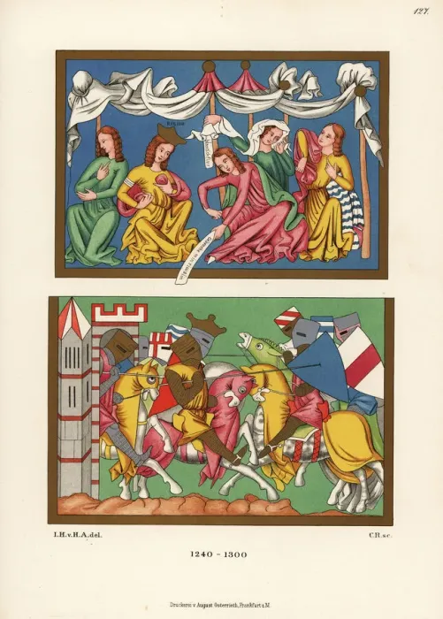 Framed Print : King and courtiers, battle scene, 13th century