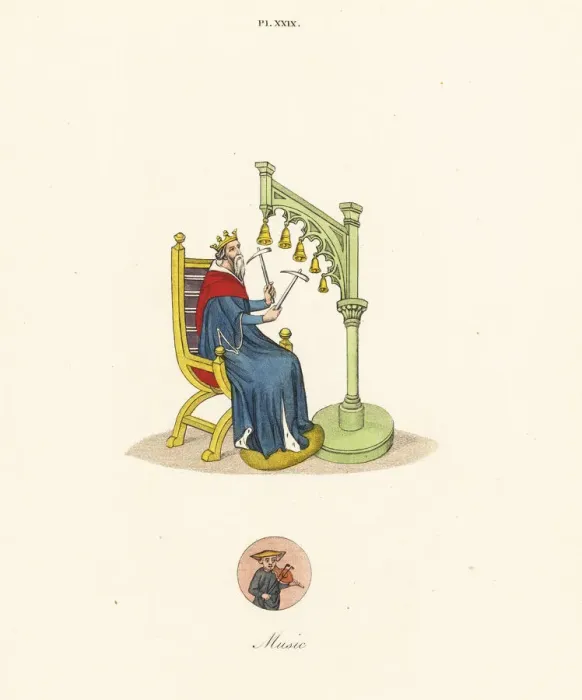 Framed Print : King David playing handbells from a 14th century manuscript Framed Print : King David playing handbells from a 14th century manuscript