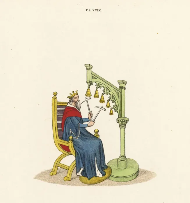 Framed Print : King David playing handbells from a 14th century manuscript Framed Print : King David playing handbells from a 14th century manuscript