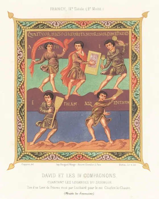 Framed Print : King David playing music with four musicians and dancers Framed Print : King David playing music with four musicians and dancers