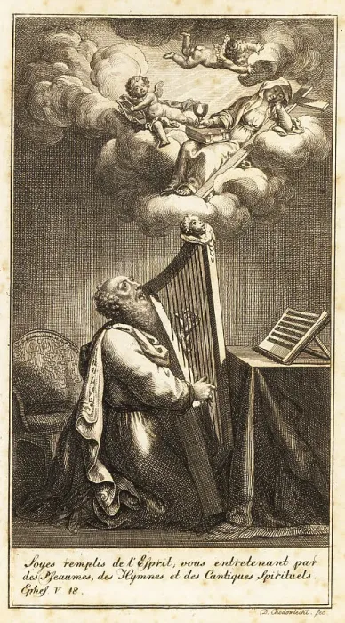 Framed Print : King David plays a harp to putti and Mary above his head