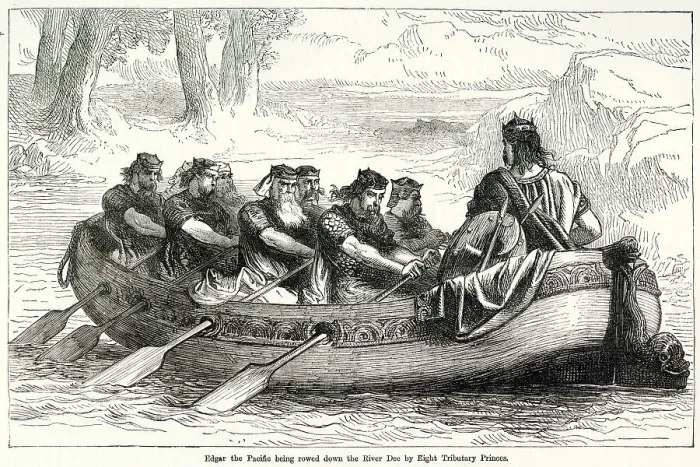 Framed Print : King Edgar, the Pacific being rowed down the River Dee by eight Tributary Princes. Date: 973 Framed Print : King Edgar, the Pacific being rowed down the River Dee by eight Tributary Princes. Date: 973