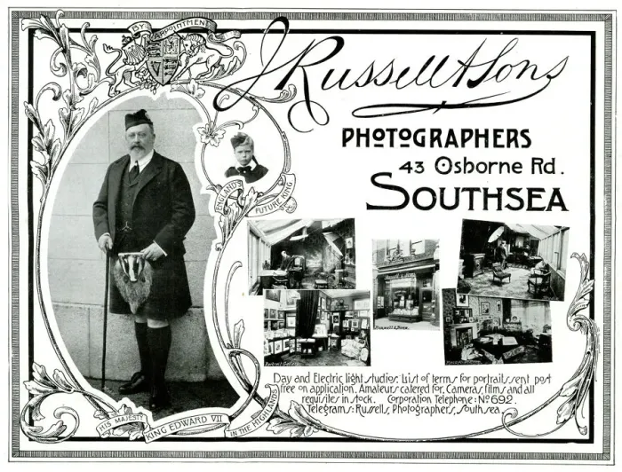 Framed Print : King Edward VII advert - J. Russell, Photographer, Southsea Framed Print : King Edward VII advert - J. Russell, Photographer, Southsea