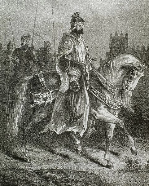 King Ferdinand II (c. 1137-1188) on horseback. Engraving
