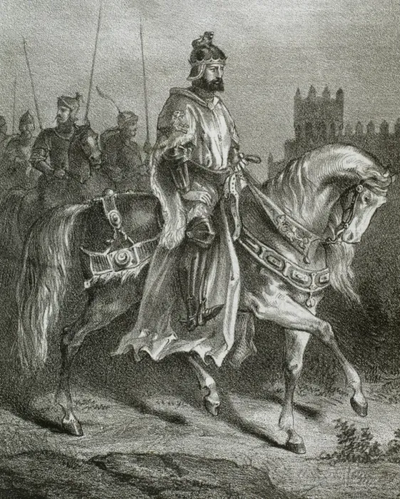 Framed Print : King Ferdinand II (c. 1137-1188) on horseback. Engraving Framed Print : King Ferdinand II (c. 1137-1188) on horseback. Engraving