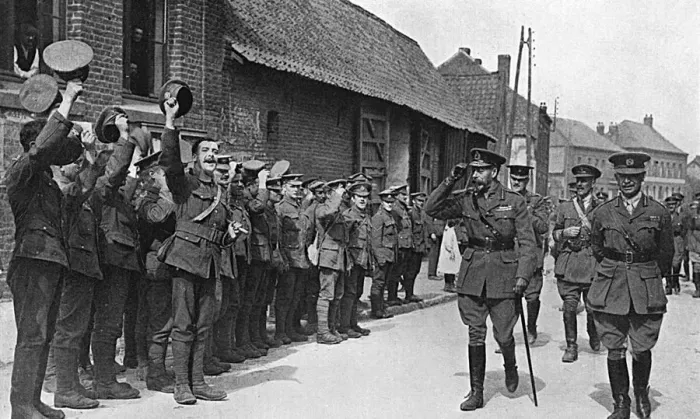 Framed Print : King George V cheered by troops in France, WW1