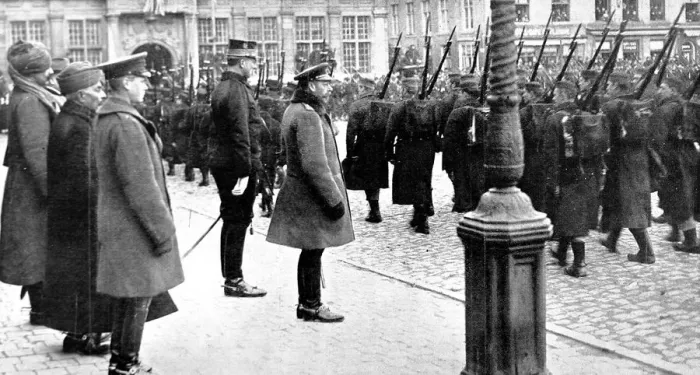 Framed Print : King George V at the front with King Albert, reviewing Belgian troops Framed Print : King George V at the front with King Albert, reviewing Belgian troops
