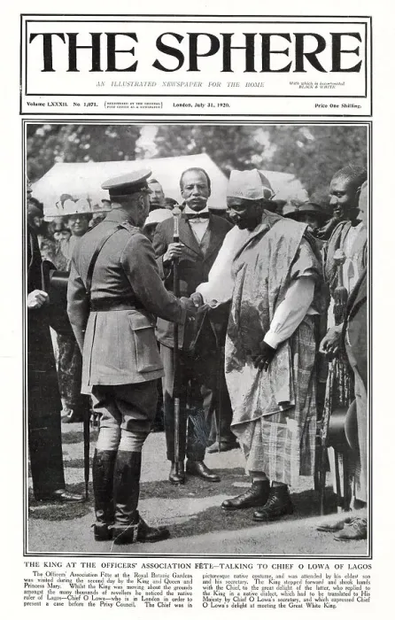 Framed Print : King George V at the Officers Association Fete at the Royal Botanic Gardens, talking to Chief O Lowa of Lagos who was in London in order to present a case before the Privy Council. Date: 1920 Framed Print : King George V at the Officers Association Fete at the Royal Botanic Gardens, talking to Chief O Lowa of Lagos who was in London in order to present a case before the Privy Council. Date: 1920