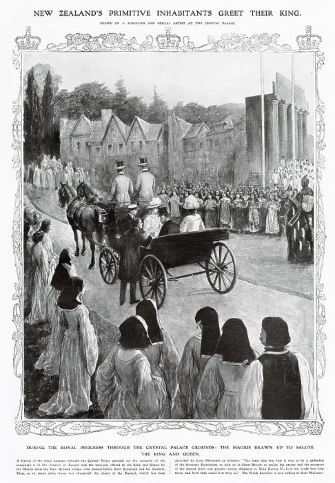 Framed Print : King George V travels to the Crystal Palace to see preparations for the Empire Festival. Whilst there he is met by Maoris. Date: 1911 Framed Print : King George V travels to the Crystal Palace to see preparations for the Empire Festival. Whilst there he is met by Maoris. Date: 1911