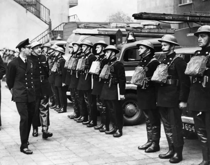 Framed Print : King George VI inspecting firefighters on parade, WW2