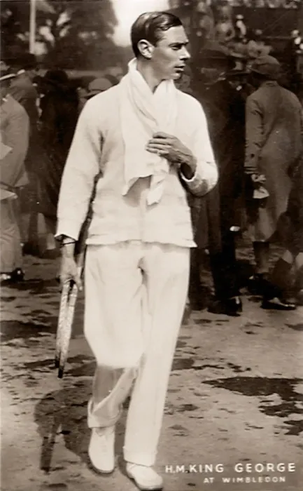 Framed Print : King George in Wimbledon Whites holding tennis racquets Date: 1905 Framed Print : King George in Wimbledon Whites holding tennis racquets Date: 1905