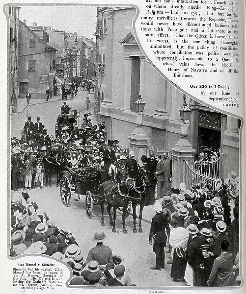 King Manoel II of Portugal (1899-1932) and his mother Queen Amelia, leaving the Cathedral in a carriage at Gibraltar. Outdoor reportage photograph with carriage, horses and spectators