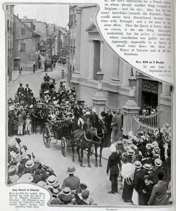 Framed Print : King Manoel II of Portugal (1899-1932) and his mother Queen Amelia, leaving the Cathedral in a carriage at Gibraltar. Outdoor reportage photograph with carriage, horses and spectators Framed Print : King Manoel II of Portugal (1899-1932) and his mother Queen Amelia, leaving the Cathedral in a carriage at Gibraltar. Outdoor reportage photograph with carriage, horses and spectators