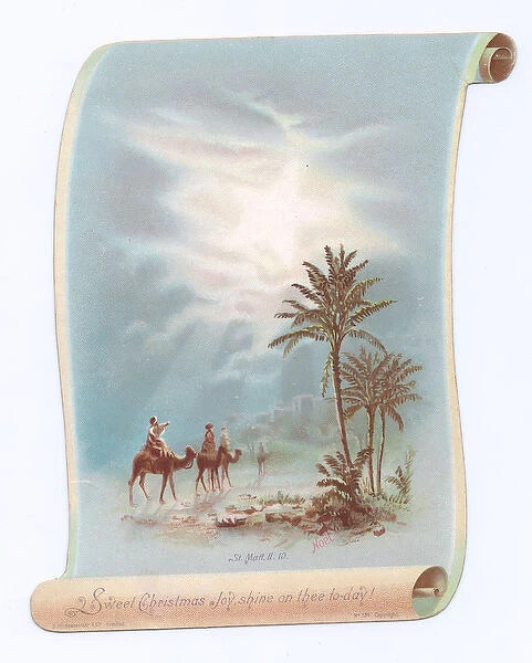 Three Kings scene on a scroll-shaped Christmas card