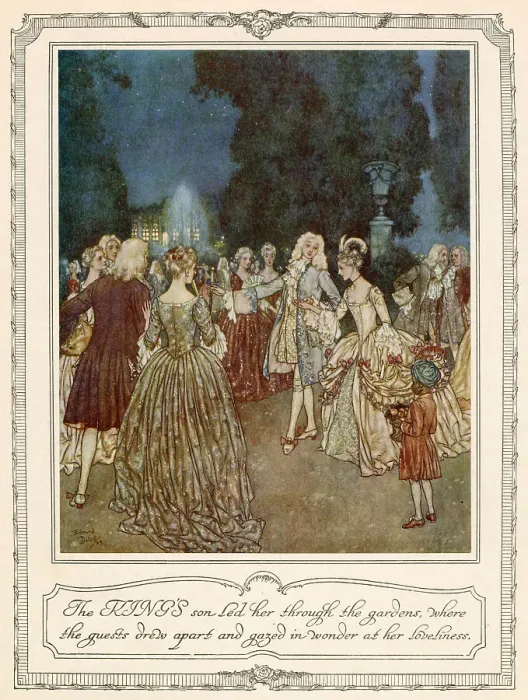 Framed Print : The KING'S son led her through the gardens, where the guests drew apart and gazed in wonder at her loveliness. Cinderella captivates everyone at the ball, including the Prince. Scene from Cinderella illustrated by Edmund Dulac Framed Print : The KING'S son led her through the gardens, where the guests drew apart and gazed in wonder at her loveliness. Cinderella captivates everyone at the ball, including the Prince. Scene from Cinderella illustrated by Edmund Dulac