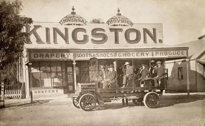 Framed Print : Kingston General store in Gordon Street, Aramac, Queensland, Australia. The vehicle is a charabanc which apparently ran between Aramac and Barcaldine. Date: 1910 Framed Print : Kingston General store in Gordon Street, Aramac, Queensland, Australia. The vehicle is a charabanc which apparently ran between Aramac and Barcaldine. Date: 1910