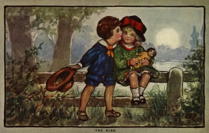 Framed Print : The kiss. Boy kisses his young girlfriend seated on a fence holding her doll Framed Print : The kiss. Boy kisses his young girlfriend seated on a fence holding her doll