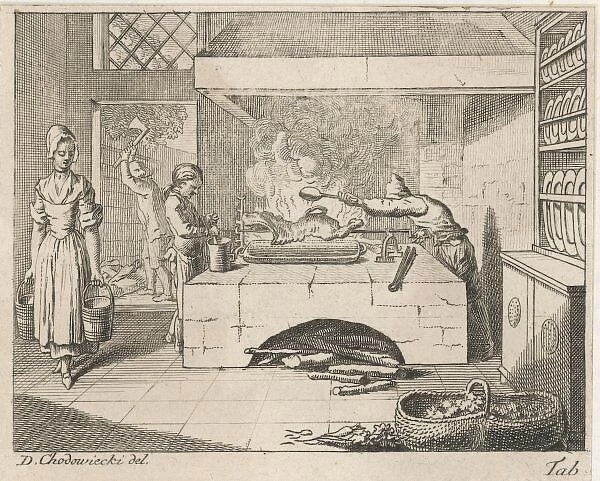 Kitchen Scene C1760. A young woman carries two pails,