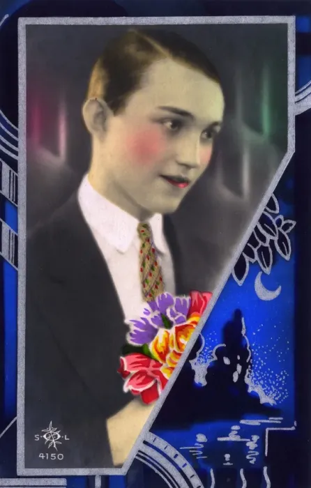 Framed Print : Kitsch Italian postcard - Young man with floral bouquet Framed Print : Kitsch Italian postcard - Young man with floral bouquet