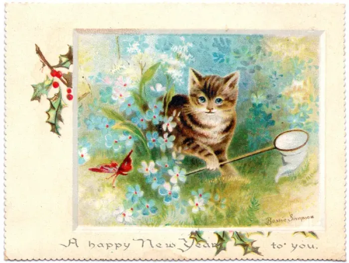 Framed Print : Kitten and butterfly on a New Year card Framed Print : Kitten and butterfly on a New Year card
