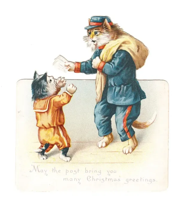 Framed Print : Kitten with cat postman on a cutout Christmas card Framed Print : Kitten with cat postman on a cutout Christmas card