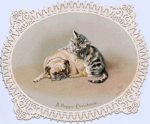 Kitten and dog on a cutout Christmas card