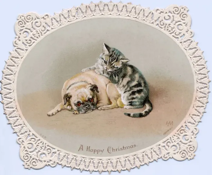 Framed Print : Kitten and dog on a cutout Christmas card Framed Print : Kitten and dog on a cutout Christmas card