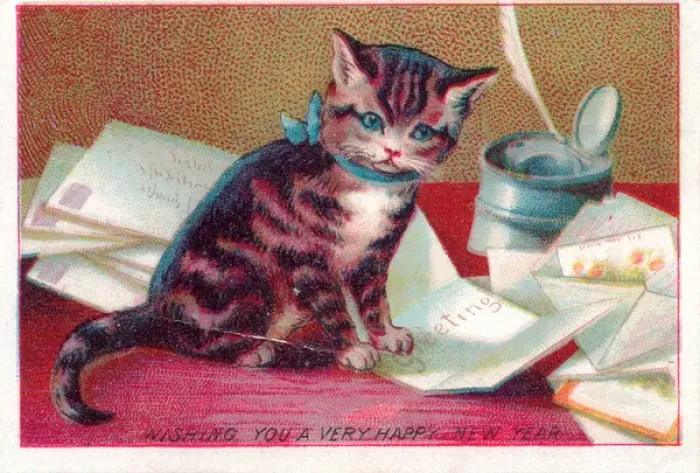 Framed Print : Kitten with letters on a New Year card Framed Print : Kitten with letters on a New Year card