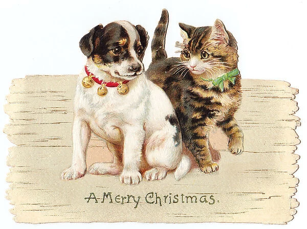 Kitten and puppy on a cutout Christmas card