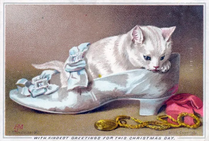 Framed Print : Kitten in a shoe on a Christmas card Framed Print : Kitten in a shoe on a Christmas card