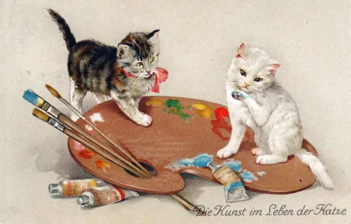 Framed Print : Two kittens on an artists palette on a greetings postcard Framed Print : Two kittens on an artists palette on a greetings postcard