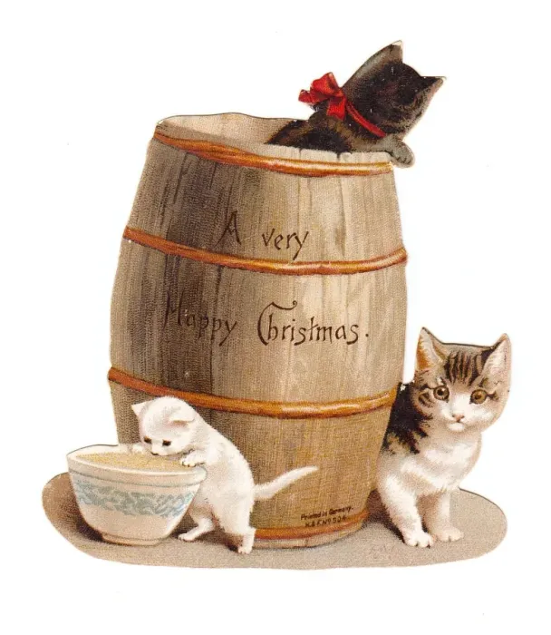 Framed Print : Three kittens with barrel on a cutout Christmas card Framed Print : Three kittens with barrel on a cutout Christmas card
