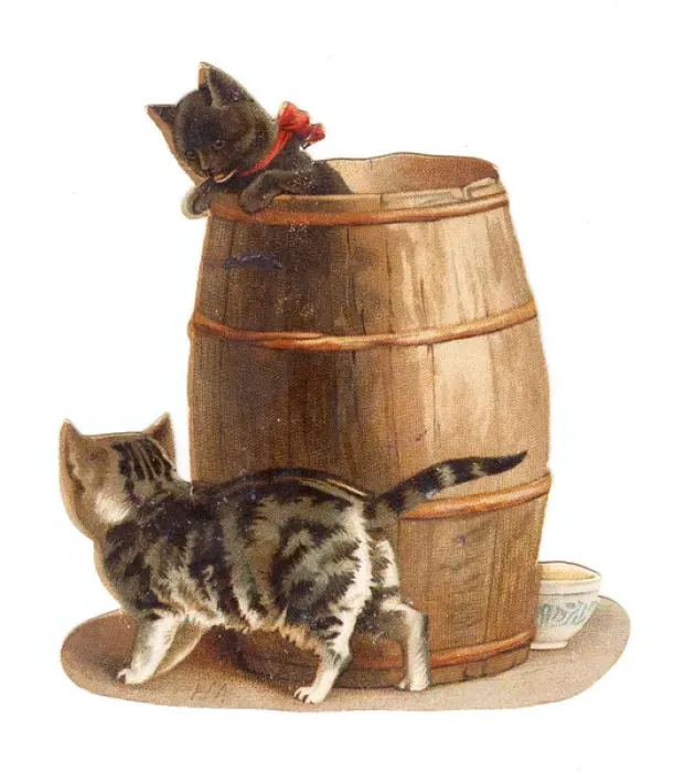 Framed Print : Two kittens with barrel on a cutout Christmas card Framed Print : Two kittens with barrel on a cutout Christmas card