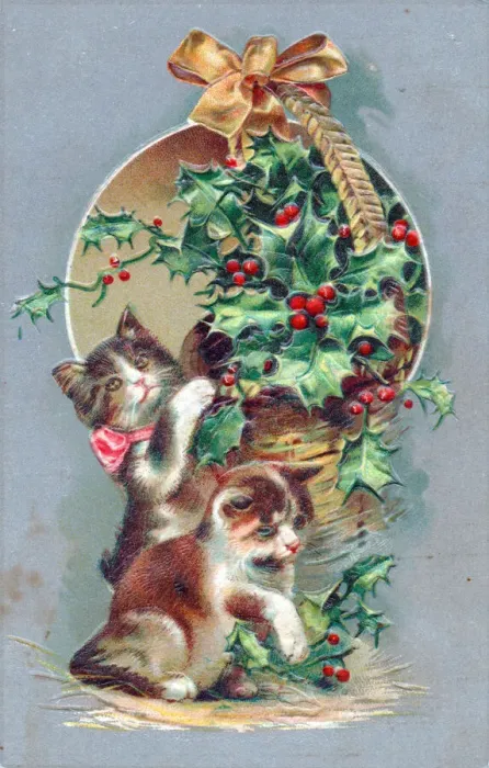 Framed Print : Two kittens with a basket of holly on a Christmas postcard Framed Print : Two kittens with a basket of holly on a Christmas postcard